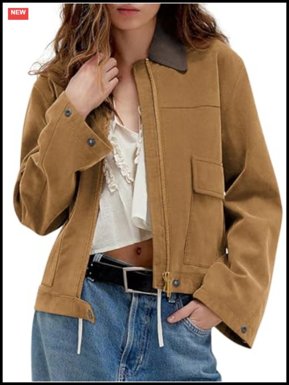 Women's Faux Suede Cropped Jacket Zip Up Fleece Lined Winter Coat with Pockets
